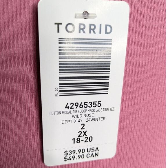 NEW Torrid Lace Trim Tee Top 2X Cotton Modal Rib Scoop Neck Wild Rose Pink - Picture 7 of 9